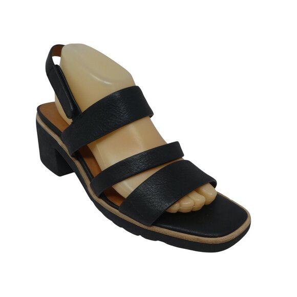 L'Amour Des Pieds Quennell Black Leather Open Square Toe Block Heel Sandals - Picture 1 of 13